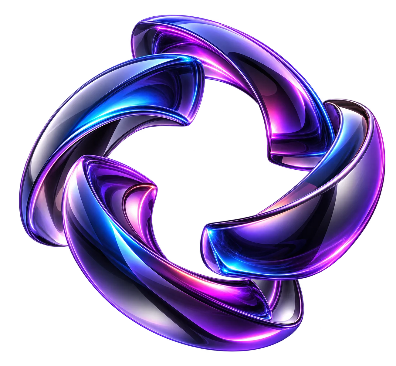 This image features a close-up shot of a glossy, metallic 3D abstract structure looping dynamically against a solid black background.